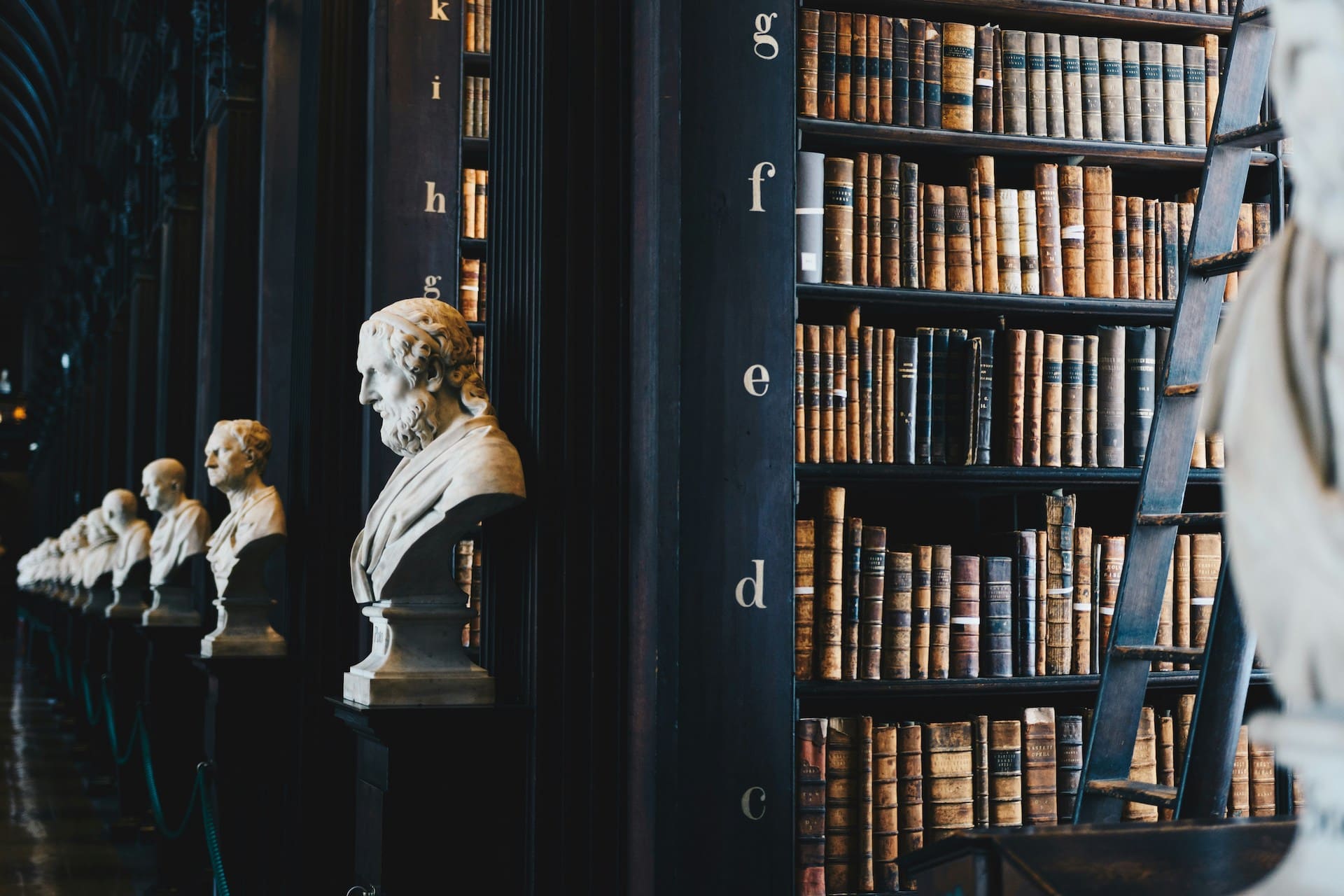 bibliothèque avec des livres anciens, et statues d'hommes sur chaque rangées