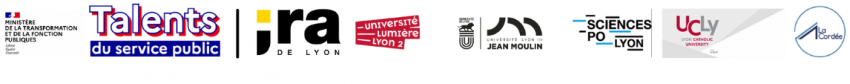 Logos partenaires ministère de la transition écologique - talents du service public - IRA de Lyon - Université Lumière Lyon 2 - Université Lyon 3 Jean Moulin - Université catholique de Lyon