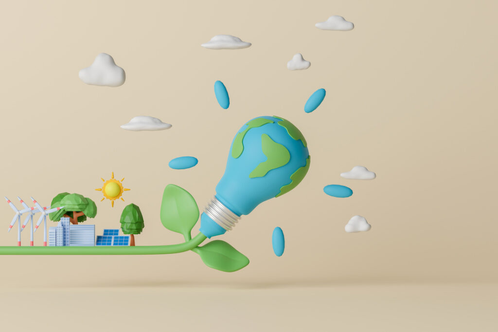 Illustration d'une lampe avec la planète terre représentée dessus. Sur la gauche, des éoliennes, des panneaux solaires, des arbres et du soleil sont dessinés