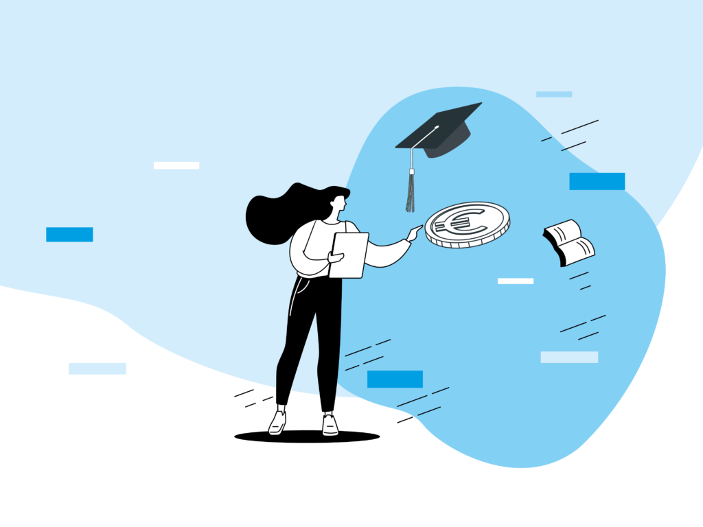 Illustration avec une pièce de monnaie, une femme à gauche, un chapeau de diplomé et un livre