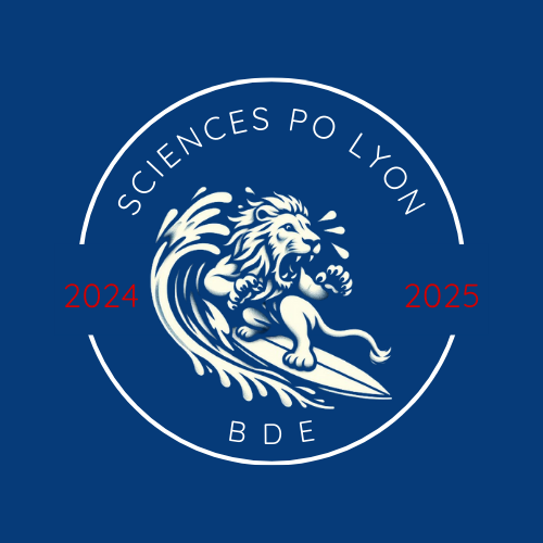 Logo BDE Sciences Po Lyon 2024-2025 avec une illustration de lion qui fait du surf au centre
