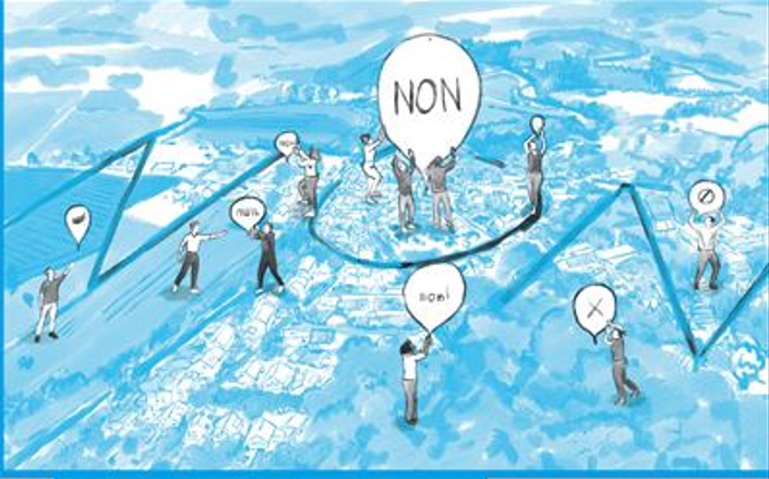 Illustration avec des personnes et des bulles avec écris dedans "Non !"